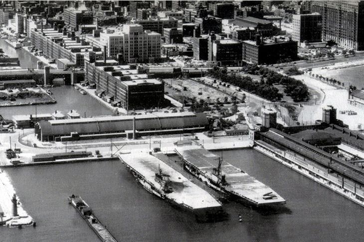 USS Wolverine and USS Sable docked at Navy Pier